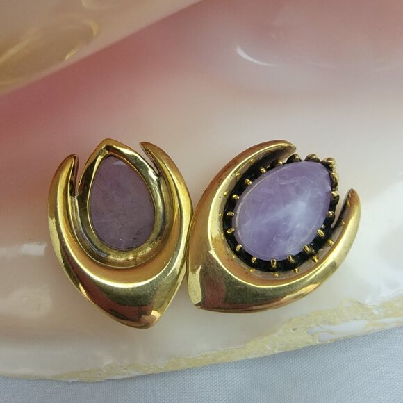 Pair brass saddles double flare stretchers amethyst stone center - 25mm - Picture 4 of 4